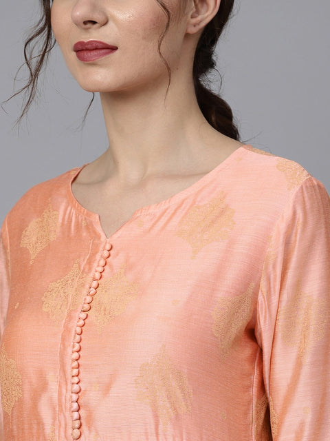 Peach two-toned gold khadi chanderi anarkali with solid light pink churidar and printed chanderi dupatta
