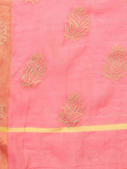 Peach two-toned gold khadi chanderi anarkali with solid light pink churidar and printed chanderi dupatta