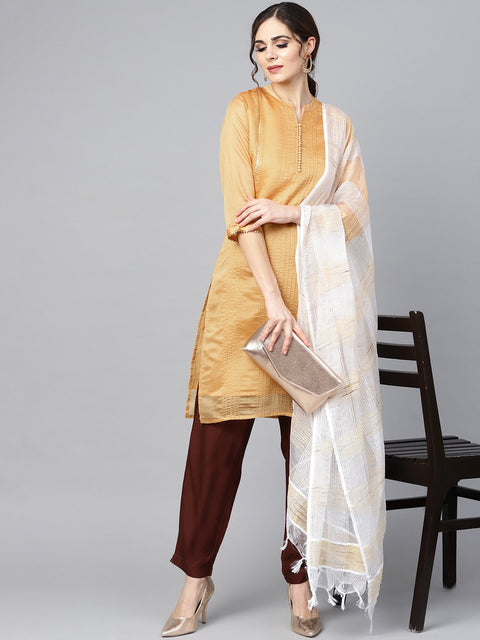 Mustard brown chanderi straight kurta with lining with solid chocolate brown rayon pants with Kotadoriya dupatta