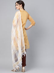 Mustard brown chanderi straight kurta with lining with solid chocolate brown rayon pants with Kotadoriya dupatta