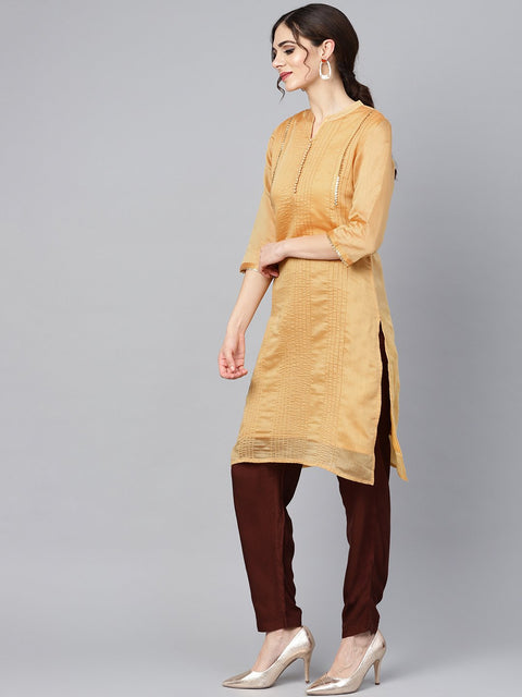 Mustard brown chanderi straight kurta with lining with solid chocolate brown rayon pants with Kotadoriya dupatta