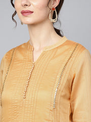 Mustard brown chanderi straight kurta with lining with solid chocolate brown rayon pants with Kotadoriya dupatta