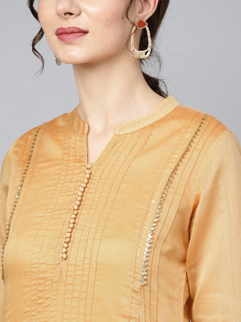 Mustard brown chanderi straight kurta with lining with solid chocolate brown rayon pants with Kotadoriya dupatta
