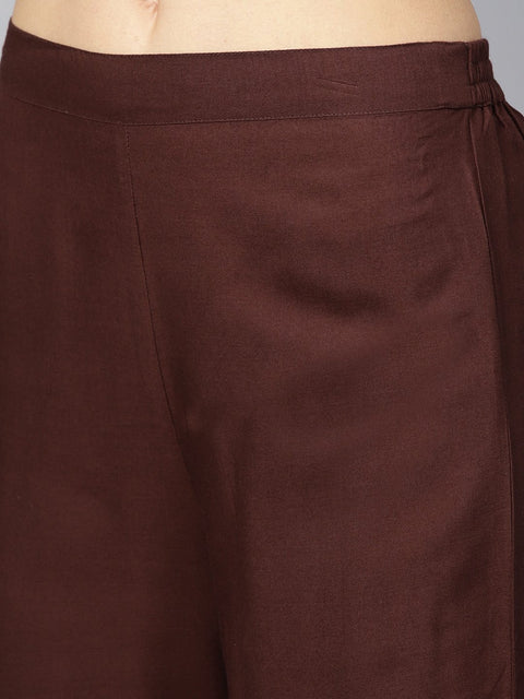 Mustard brown chanderi straight kurta with lining with solid chocolate brown rayon pants with Kotadoriya dupatta