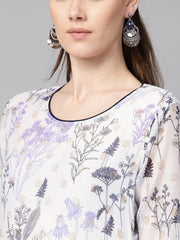 Floral printed chanderi 3/4th sleeve Kurta with lining with Solid Navy Blue Pants