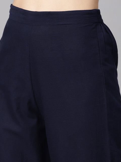 Floral printed chanderi 3/4th sleeve Kurta with lining with Solid Navy Blue Pants