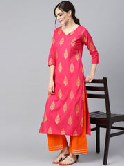 Red gold printed kurta set with solid orange gota detailing pant