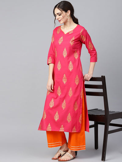 Red gold printed kurta set with solid orange gota detailing pant
