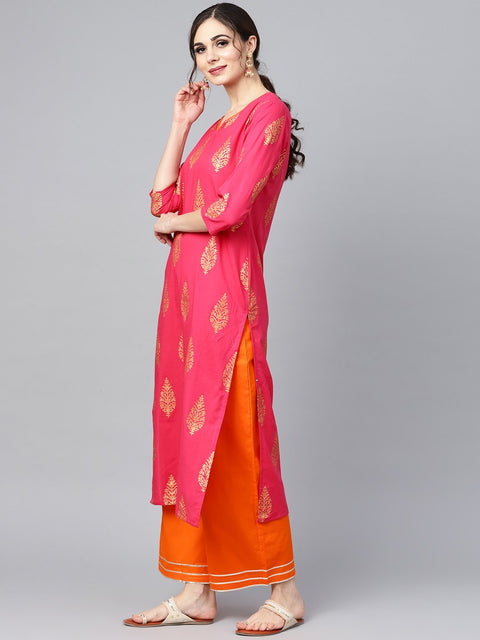 Red gold printed kurta set with solid orange gota detailing pant