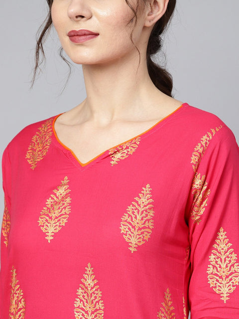 Red gold printed kurta set with solid orange gota detailing pant