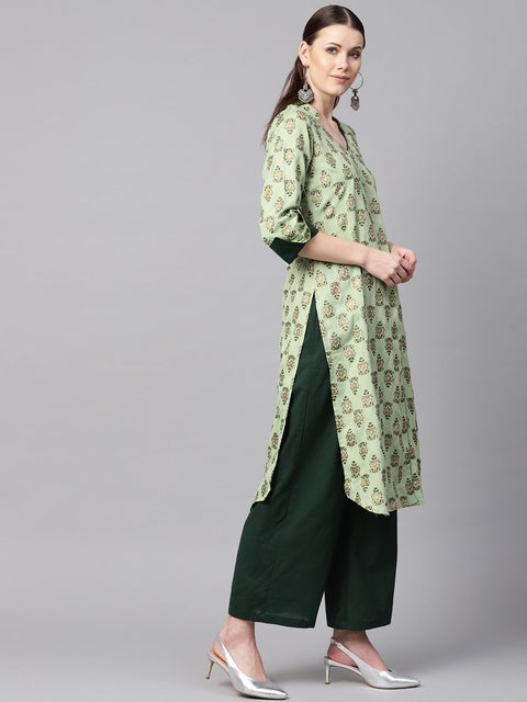 Green floral print V-neck collared 3/4th sleeve straight kurta with revesible cuff detailing solid palazzo.