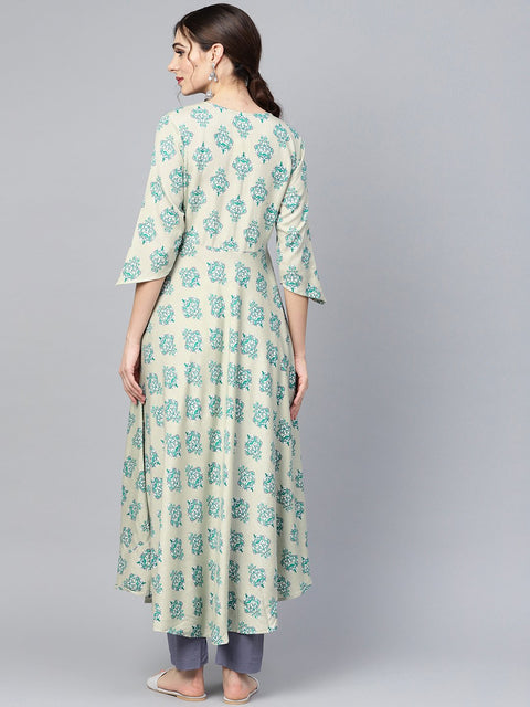 Sage green printed V-neck Angrakha style 3/4th assymetrical sleeve falred kurta with solid pants.