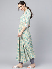 Sage green printed V-neck Angrakha style 3/4th assymetrical sleeve falred kurta with solid pants.