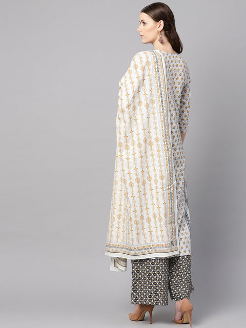 Light grey printed round neck with slit and hangings 3/4th sleeve straight panneled kurta with printed palazzo and printed dupatta.