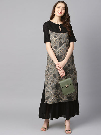 Grey and gold floral printed keyhole neck kurta with schiffli at yoke.