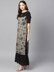 Grey and gold floral printed keyhole neck kurta with schiffli at yoke.