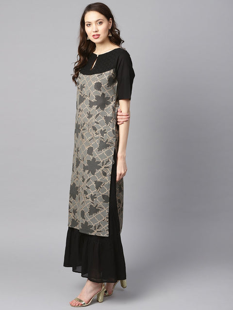 Grey and gold floral printed keyhole neck kurta with schiffli at yoke.