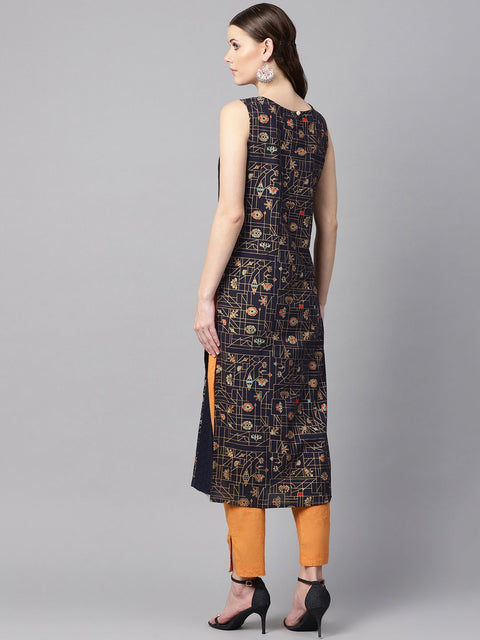 Navy blue gold geometric printed sleeveless kurta with panneled schiffli