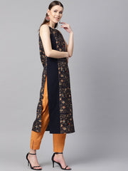 Navy blue gold geometric printed sleeveless kurta with panneled schiffli