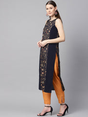 Navy blue gold geometric printed sleeveless kurta with panneled schiffli