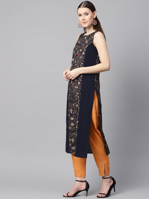 Navy blue gold geometric printed sleeveless kurta with panneled schiffli