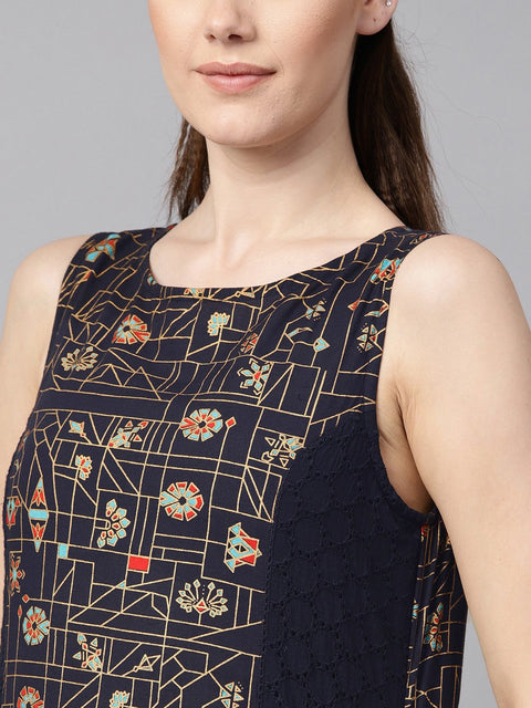 Navy blue gold geometric printed sleeveless kurta with panneled schiffli