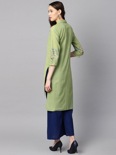 Green floral printed with schiffli high-low 3/4th sleeve kurta