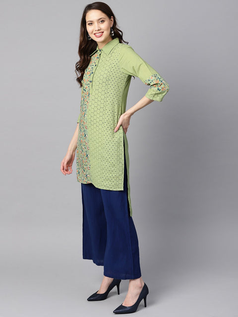Green floral printed with schiffli high-low 3/4th sleeve kurta