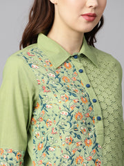 Green floral printed with schiffli high-low 3/4th sleeve kurta