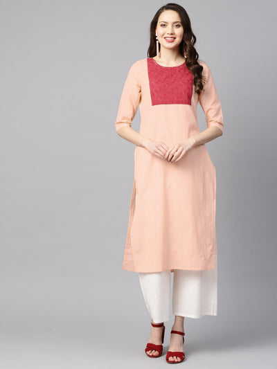 Peach color solid 3/4th sleeve yoke schiffli detailing straight kurta