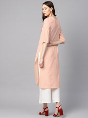 Peach color solid 3/4th sleeve yoke schiffli detailing straight kurta
