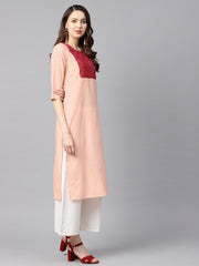 Peach color solid 3/4th sleeve yoke schiffli detailing straight kurta
