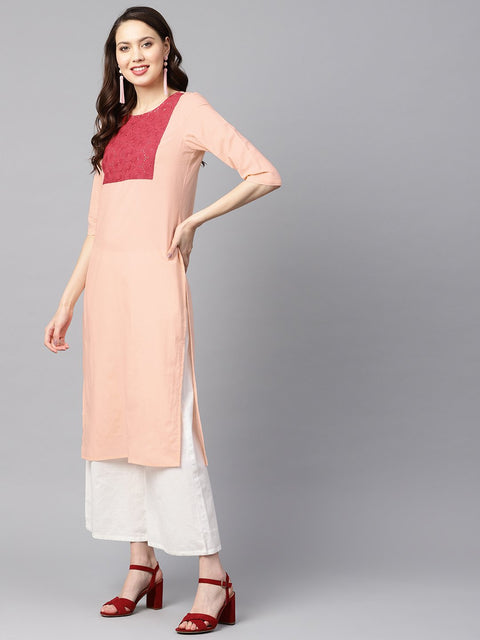 Peach color solid 3/4th sleeve yoke schiffli detailing straight kurta