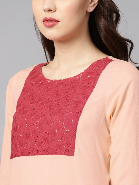 Peach color solid 3/4th sleeve yoke schiffli detailing straight kurta