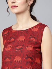Maroon round neck sleeveless floral printed kurta with black salwar