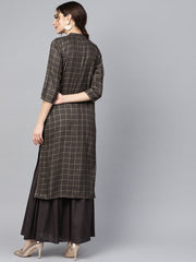 Black checkered gold printed 3/4th sleeve chinese collared button detailing kurta with solid sharara