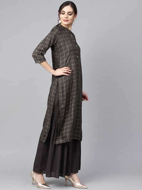Black checkered gold printed 3/4th sleeve chinese collared button detailing kurta with solid sharara