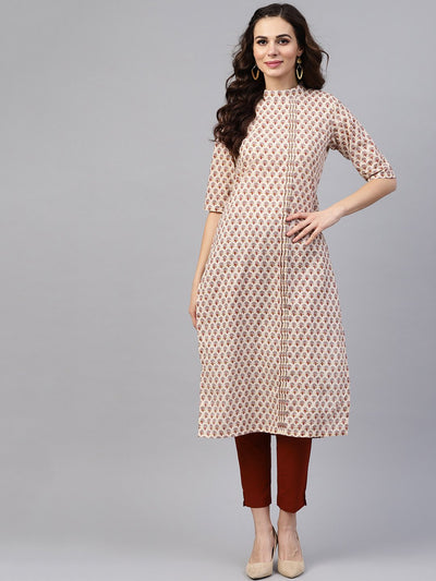 White printed closed collar with back slit opening 3/4th sleeve front pleated kurta with side pockets with solid ciggratte pants