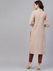 White printed closed collar with back slit opening 3/4th sleeve front pleated kurta with side pockets with solid ciggratte pants