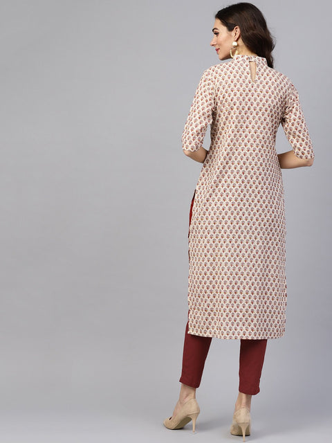 White printed closed collar with back slit opening 3/4th sleeve front pleated kurta with side pockets with solid ciggratte pants