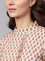 White printed closed collar with back slit opening 3/4th sleeve front pleated kurta with side pockets with solid ciggratte pants