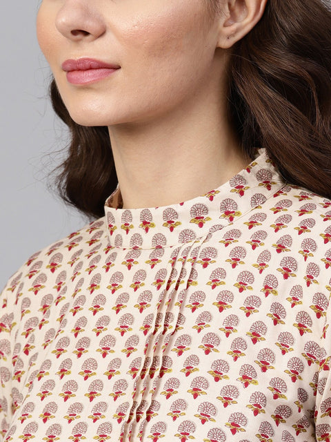 White printed closed collar with back slit opening 3/4th sleeve front pleated kurta with side pockets with solid ciggratte pants