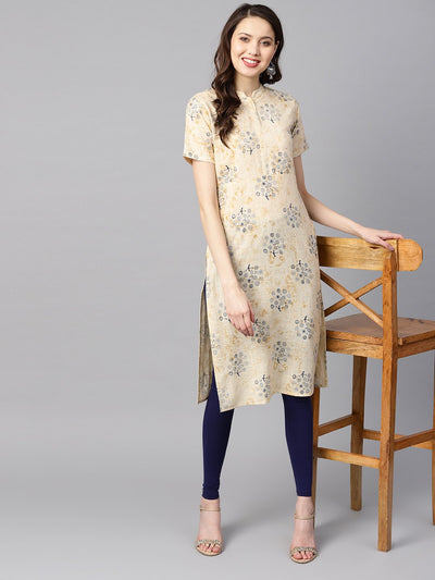 Cream printed chinese collar with placket opening half sleeves straight kurta