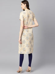 Cream printed chinese collar with placket opening half sleeves straight kurta