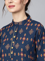Navy blue Geometric Printed 3/4th sleeve Kurta Set with Solid Yellow Pants