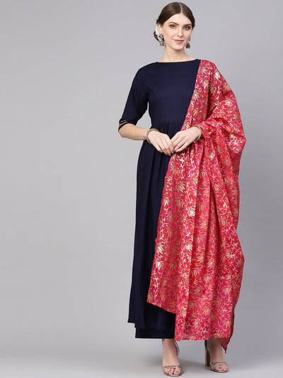 Women Navy Blue & Pink Solid Kurta with Palazzos & Dupatta