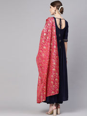 Women Navy Blue & Pink Solid Kurta with Palazzos & Dupatta