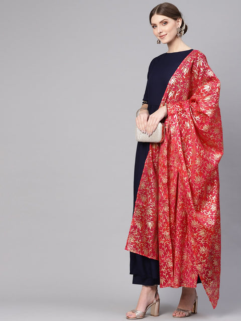 Women Navy Blue & Pink Solid Kurta with Palazzos & Dupatta