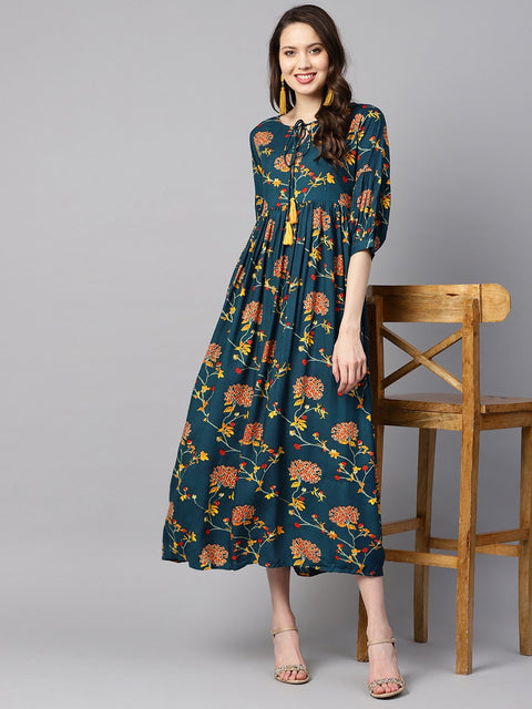Dark teal Turquiose Floral printed maxi dress with key hole neckline & 3/4 sleeves