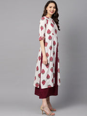 Floral Boota attached with Solid Maroon dress with Multiple Slits & 3/4 sleeves